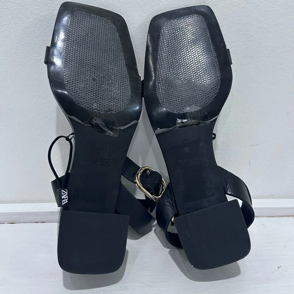 Zara Womens Black Gold Upper Leather Square Toe Ankle Strap Heel Sandals Size 36 - Picture 12 of 12